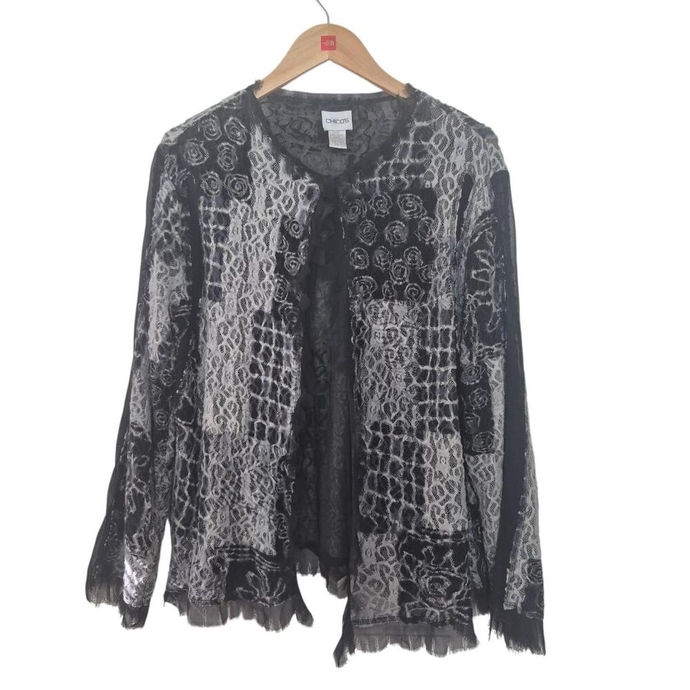 Chico's Black & Grey Lace Patchwork Cardigan Nylon Silk Fairy Goth Size Large